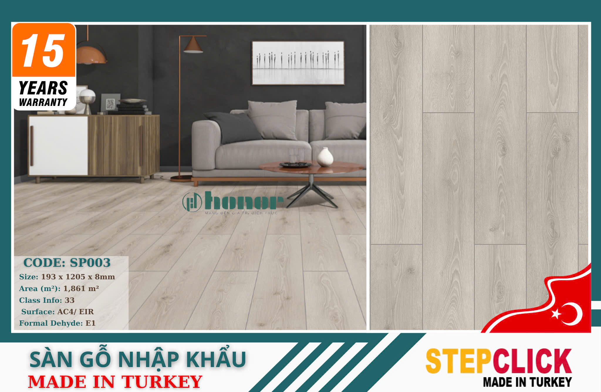 Sàn Gỗ Thổ Nhĩ Kỳ Stepclick SP003-Prime-AC4-8mm