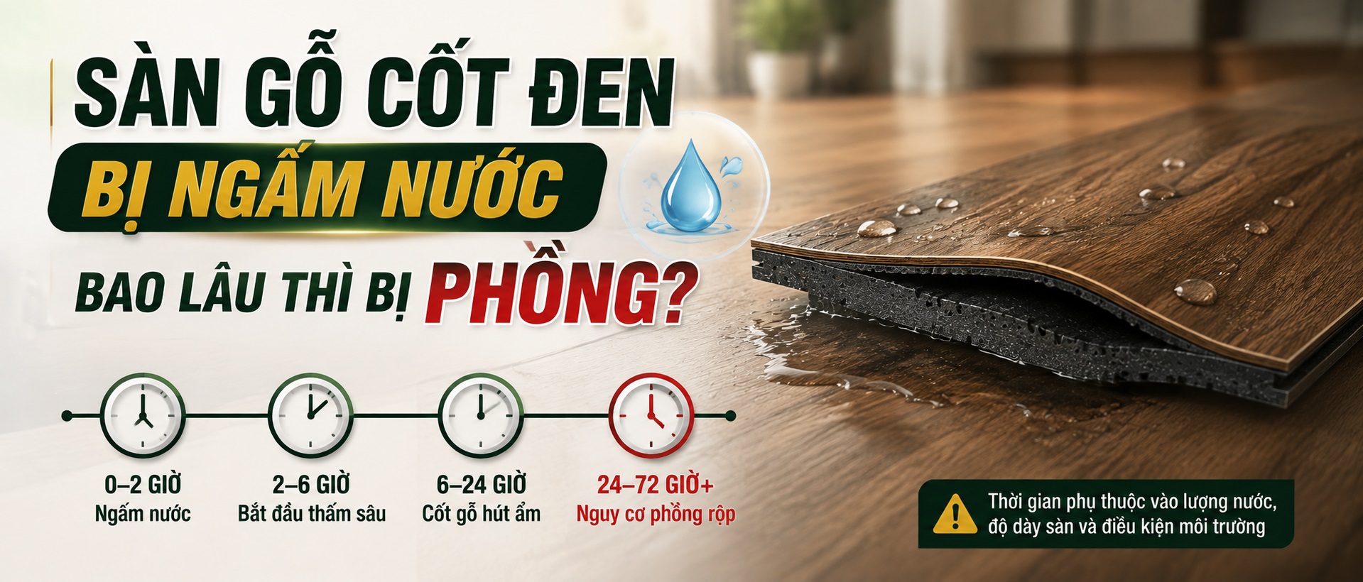 sàn gỗ cốt đen bị ngấm nước bao lâu thì phồng